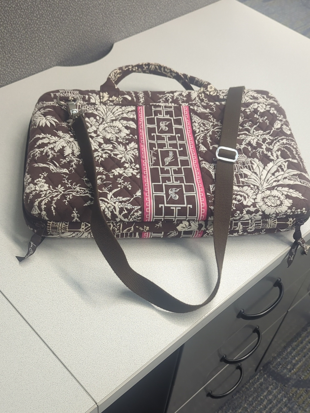 Vera Bradley Brown Quilted Laptop Bag with Pink Trim